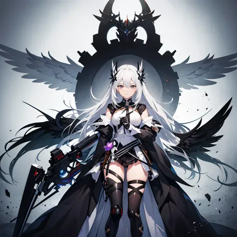 anime character with white hair and black wings holding a scythe, a character portrait inspired by Li Chevalier, pixiv, auto-destructive art, from girls frontline, mechanized valkyrie girl, angel knight girl, official character art, black wings instead of ...