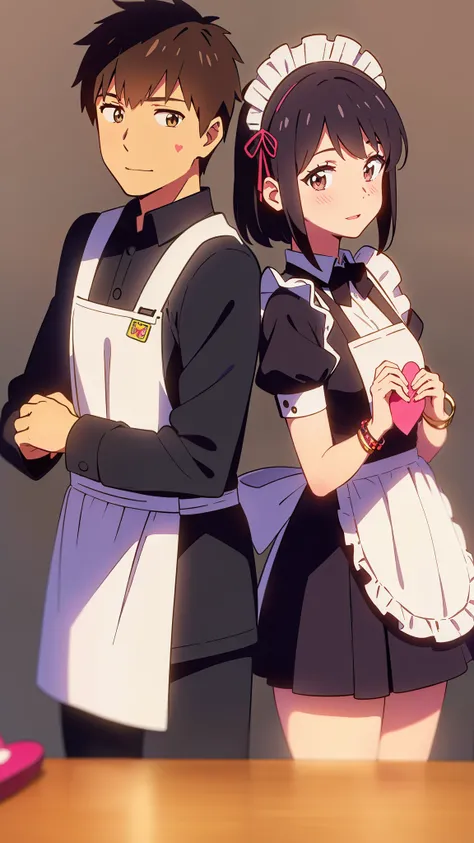 shinkai makoto, kimi no na wa., 1girl, 1boy, bangs, black hair, blush, brown eyes, (boy wear Suspender Clothes), ((girl wear maid dress, maid, apron, maid headdress, short dress, Off-the-shoulders)), bow, ribbon, short hair, smile, open mouth, looking at t...