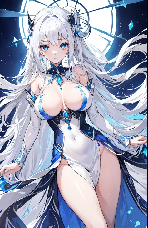 Shiny, silver-white long hair，Delicate blue pupils，Sweet lady with a good figure，White dark blue antique princess costume with soft and waxy texture，The body is decorated with dark blue gems and silver jewelry，A sad lost princess