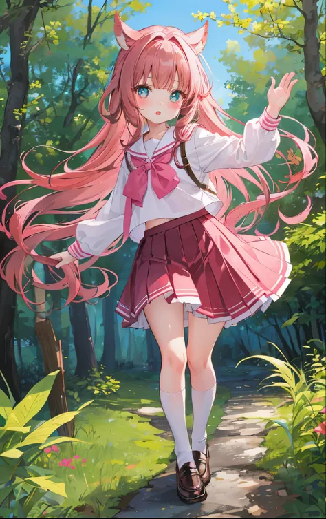 Shiny bright brown long hair，Stunning pink pupils，Cute little girl with a wow figure，White Jk school uniform soft and waxy texture，There is a red bow，Turquoise pleated skirt，There is a forest smell