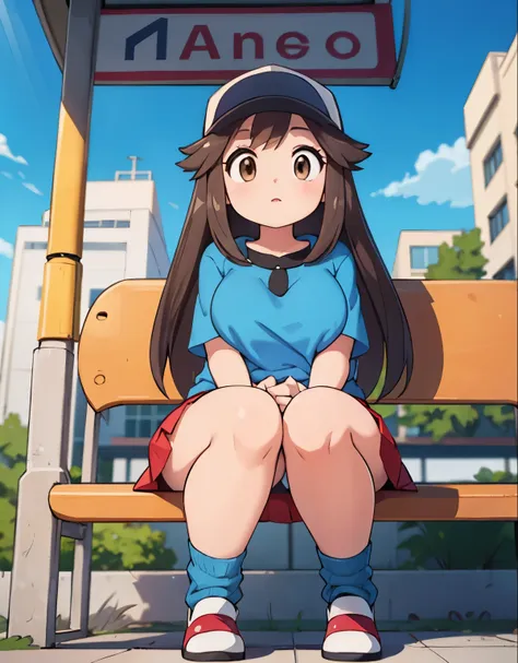 leaf pokemon sitting at a bus stop,focused,looking at a map,long hair,red skirt, blue shirt, brown eyes, loose socks, white foot...