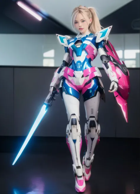 masterpiece, highest quality, 1 girl, alone, perfect face, looking at the viewer, Transparent vinyl that adheres closely to the skin, blue long hair, gray eyes, white skin, Shangyaogaoda, Mecha,  pink armor with white part,  armor, Helmet,  line drawing, I...