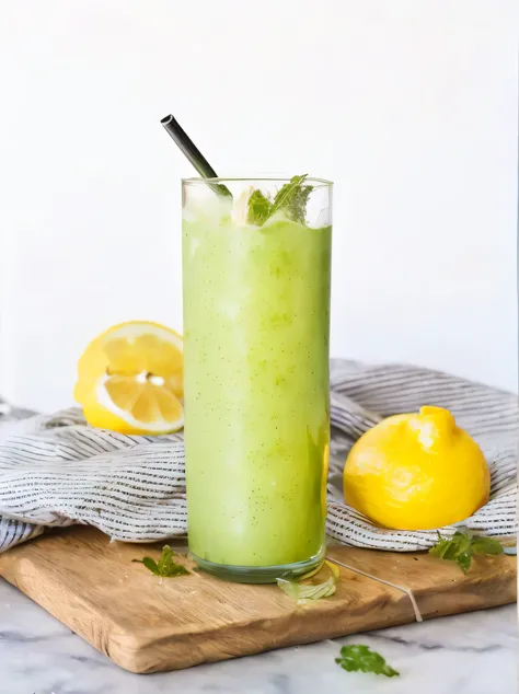 there is a glass of green juice with a straw and a black straw, 🍸🍋, lemonade, greens), raphael personnaz, healthy, slush)), the sour, refreshing, serena malyon, mouldy juice, pale green glow, drinking cocktail, an olive skinned, refreshing colour, edon gur...