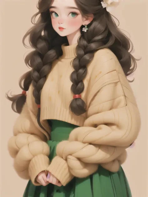 (masterpiece, best quality:1.2),illustration art，watercolor，black irregular lines，a beautiful girl，Skin detail processing，The eyes are very detailed，fine hair，Twist braids，Loose and lazy sweater，White geometric pattern，Sweater details，hairy，Warm，similar to...