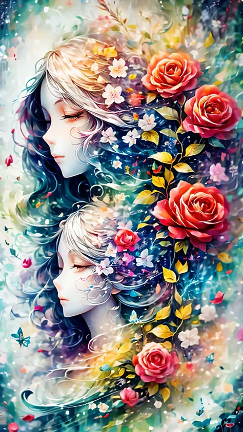 (Side face beauty,long colored hair,close eyes,masterpiece roses),Rainbow color background, (illustration:1.2,paper art:1.2, Zentangle:1.2, 3d rendering),(best quality, detailed details, masterpiece, official art, Lighting effects, 4K, chiaroscuro)