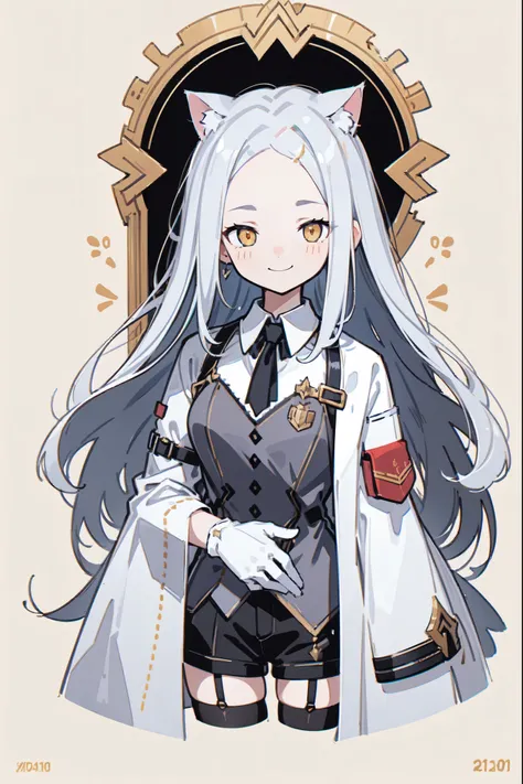 1girl, woman, solo, long hair, big hair, white hair, cat ears, (forehead:1.2), yellow eyes, medium breasts, devilish grin from below, white hair, (overcoat, black coat, open coat:1.2), white shirt, collared shirt, (chest harness, shoulder strap:1.15), blac...