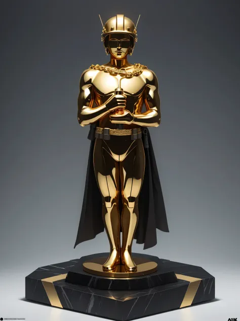 In the photo, the film festival award is a golden Oscar statuette.., in the form of a gold miner made of gold in an emotional pose with a movie camera, ((minimalism)), miner&#39;s helmet with flashlight, life-size figurine, black marble stand InkPunk, High...