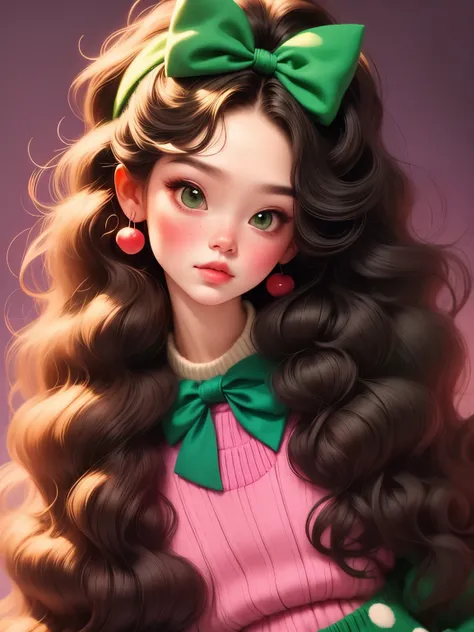 (masterpiece, best quality:1.2),1 beautiful girl，Exquisite facial features，Skin detail processing，The eyes are very detailed，fine hair，fluffy hair，long hair，curls，bow headband，Loose and lazy sweater，Geometric patterns，Sweater details，hairy，Warm，skirt，Retro...