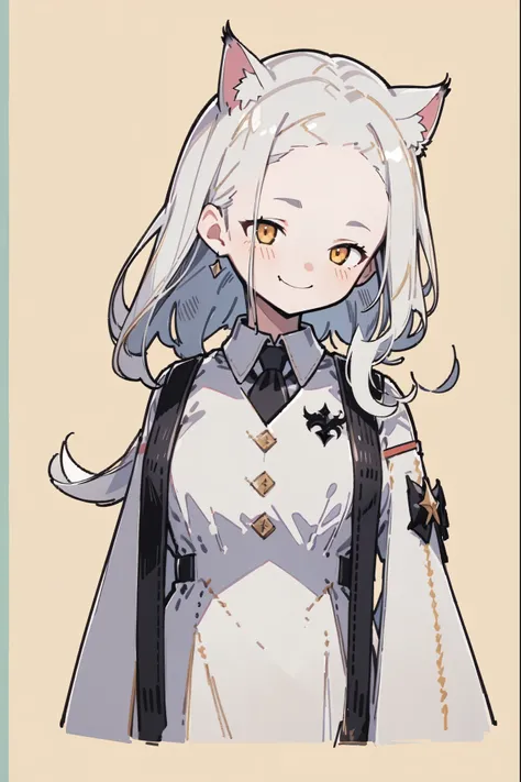 1girl, woman, solo, long hair, big hair, white hair, cat ears, (forehead:1.2), yellow eyes, medium breasts, devilish grin from below, white hair, (overcoat, black coat, open coat:1.2), white shirt, collared shirt, (chest harness, shoulder strap:1.15), blac...