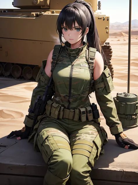 highest quality, 8K, Super detailed image of anime style female soldier, Take a break during a break in battle. She sits facing a meticulously rendered tank。, her green eyes were focused on the horizon. her long ponytail flows freely over her shoulders, He...