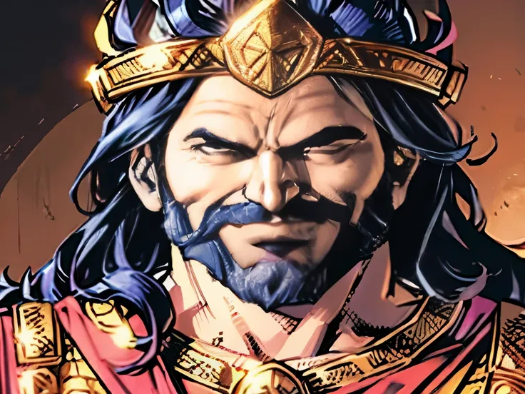 image of a bearded king with a crown on his head. The king is smiling. biblical costumes. biblical style. biblical setting. comic book style. Estilo marvel. 