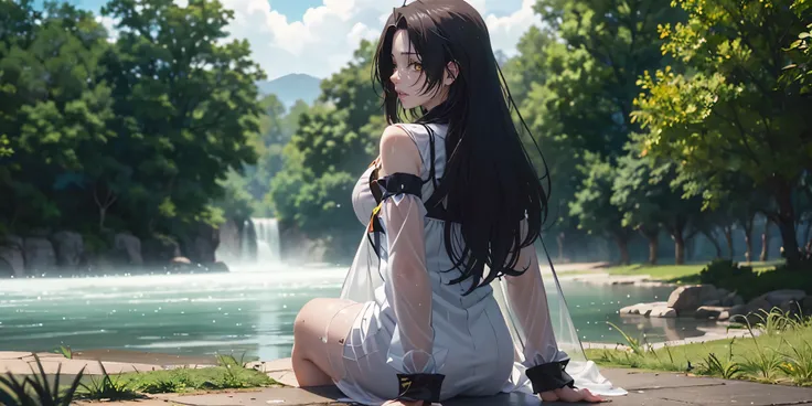 black hair, long hair, forehead, yellow eyes, lazy eyes, heavy breathing, huge breasts, breast press, 1girl, wet, wet_clothes, long_hair, solo, rain, see-through, breasts, tree, sitting, outdoors, dress, wet_dress, wet_hair, looking_at_viewer, large_breast...