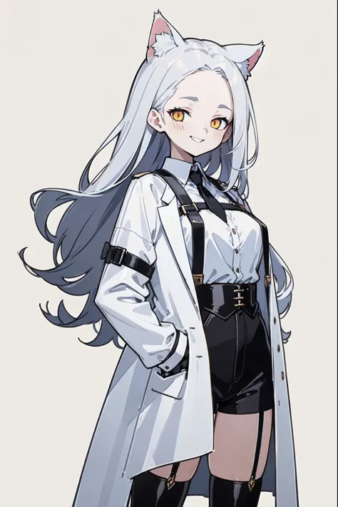 1girl, woman, solo, long hair, big hair, white hair, cat ears, (forehead:1.2), yellow eyes, medium breasts, devilish grin from below, white hair, (overcoat, black coat, open coat:1.2), white shirt, collared shirt, (chest harness, shoulder strap:1.15), blac...