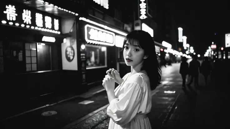 Fujicolor C200 film still. Dreaming of a nightclub hostess in a nightdress, Set in the neon streets of Yokohama at night., Against the backdrop of the Showa retro townscape. soft and natural skin tone, To emphasize timeless elegance and the contrast of lig...