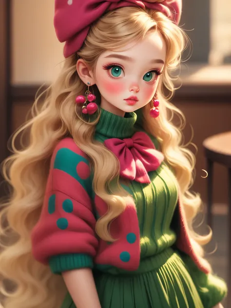 (masterpiece, best quality:1.2).Barbie doll，3D，1 beautiful girl，Skin detail processing，The eyes are finely described，symmetry，Delicate hair，fluffy hair，bow headband，Loose and slouchy sweater，Geometric patterns，Sweater details，hairy，Warm，skirt，Retro contras...