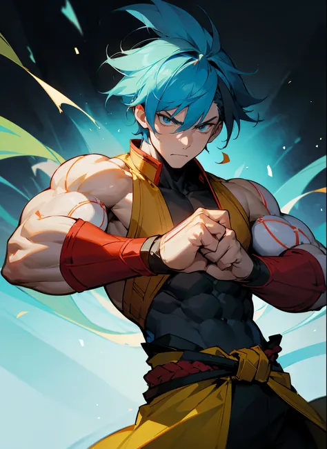 1male , Adult Male , Muscular , Multicolored hair , White and red and yellow and blue hair , Serious Expression , Warrior Clothing , Wrapped Fists