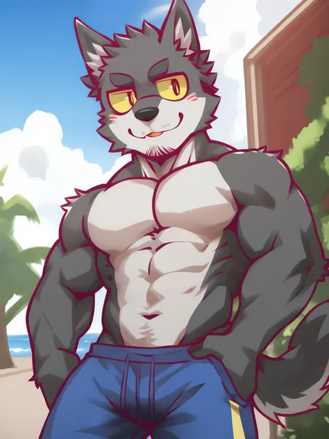 flunky, black wolf, kemono, muscular, detailed eyes, yellow sclera, (black iris), topless, sexy, blue short pants ; high res, masterpiece, best quality, outdoor background, 