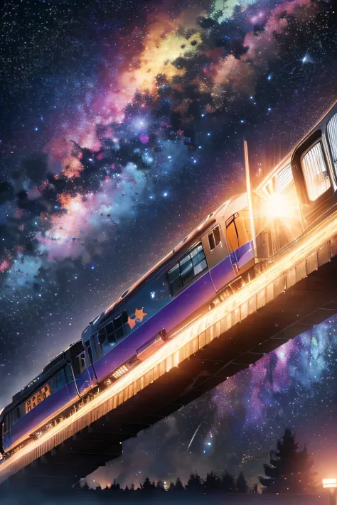 a train on its way to another galaxy, colorful train. background has extremely detailed galaxy and stars with different colors. 8k render, realistic image. beautiful atmosphere