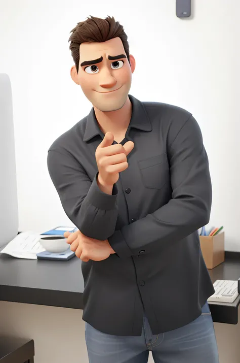 A Disney-style 3D Pixar movie poster of a man in a black shirt pointing the finger at you with his index finger, and the other hand below the elbow 