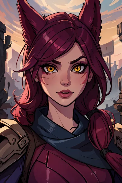 masterpiece, best quality, 1girl, close-up, portrait, xayah, intense makeup, yellow eyes, beautiful