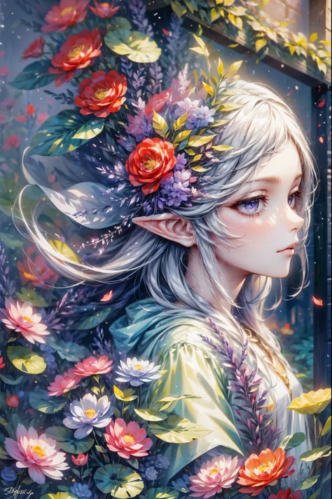 (masterpiece, 8k, super detailed), 1 person, create a gorgeous portrait of the elf king, long white hair, purple eyes, bokeh, sh...