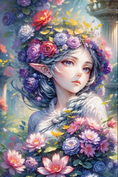 (masterpiece, 8k, Super detailed), 1 person, Create a gorgeous portrait of the Elf King, long white hair, purple eyes, Bokeh, shimmer,
