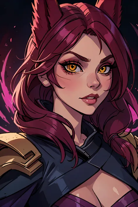 masterpiece, best quality, 1girl, close-up, portrait, xayah, intense makeup, yellow eyes, beautiful, slim