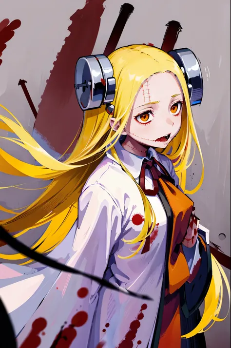 Madaraki_Fran,young woman ,(Screams),hand in front ,White robe ,a lot of blood,((BLOODY STRIKE)), long hair ,Blood magic , conjures , Blood , yellow hair,Seams , Scars on the body ,blood stains on clothes , blood spatter , face covered in blood , hair in b...