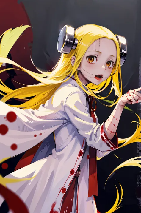 madaraki_fran,young woman ,(screams),hand in front ,white robe ,a lot of blood,((bloody strike)), long hair ,blood magic , conju...