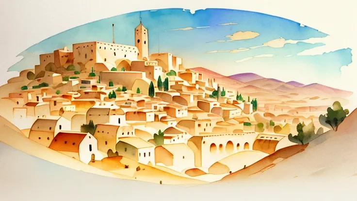 bible, biblical watercolor illustration, whimsical, warm colors, bethlehem, people ((masterpiece)), highly detailed environment
