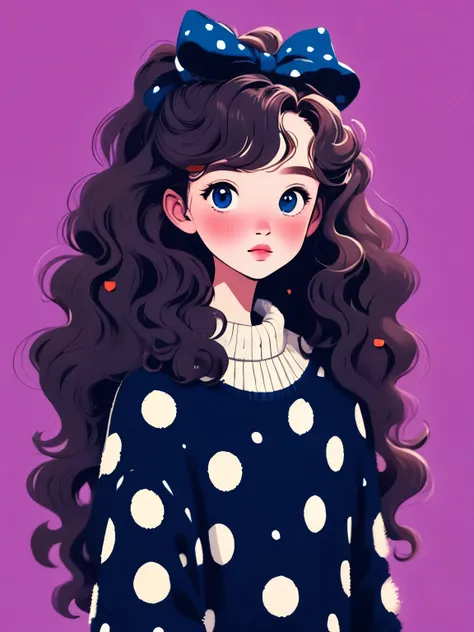 (masterpiece, best quality:1.2), 1 girl, alone，wavy hair，light fluffy long hair，bow headband，polka dot sweater，sweater details，c...