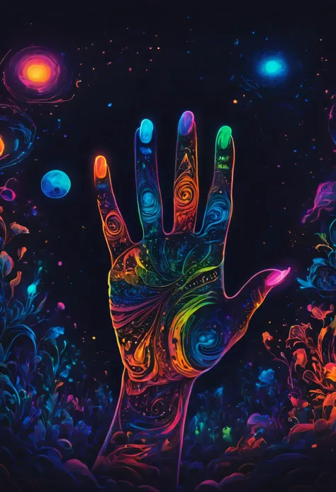 Magical. someone is holding their hand up with a black light on it, glowing hands, cosmic and colorful, colourful hand drawing, cosmic colors, neon ink, glowing rich colors, ultraviolet and neon colors, colorful and dark, glowing rainbow neon ink, colorful...