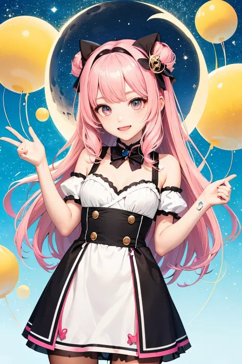 best quality　pink hair　anime face　　God　cute　clear　clothing idol　night　moon　