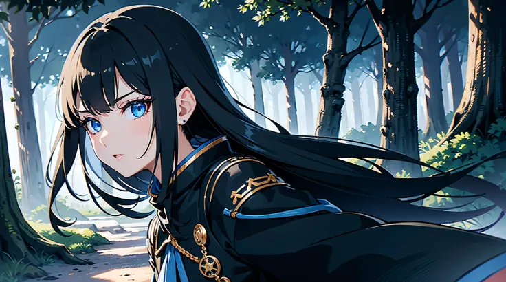 Older long black hair blue eyes girl bsurdres, high res, ultrasharp, 8K, masterpiece, mature, detailed, sharp detailed eyes, fantasy background landscape dark forest and lots of Japanese homes, black and blue dress outfit