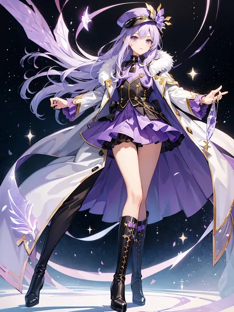 ((a boy)), lavender color hair,  crystal eyes, ((idol costume)), ((Cross-dressing)), long boots, ((Beautiful boy)), Military fur coat, ((individual)), ((dress)), military cotton hat