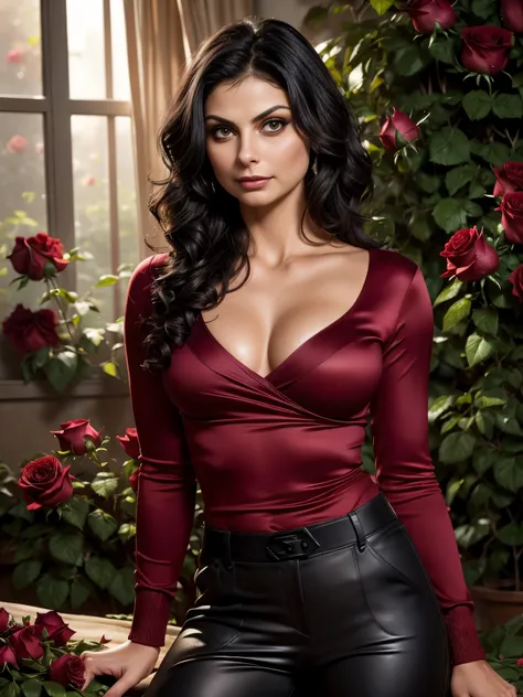 from below, best quality, ultra high res, (photorealistic:1.4), Morena Baccarin, (makeup:1.4), long sleeve sweater, warm smile, natural breasts, (black wavy hair:1.3), (surrounded by roses:1.3), (sweet romantic lighting:1.4), (seductive expression:1.1), lo...