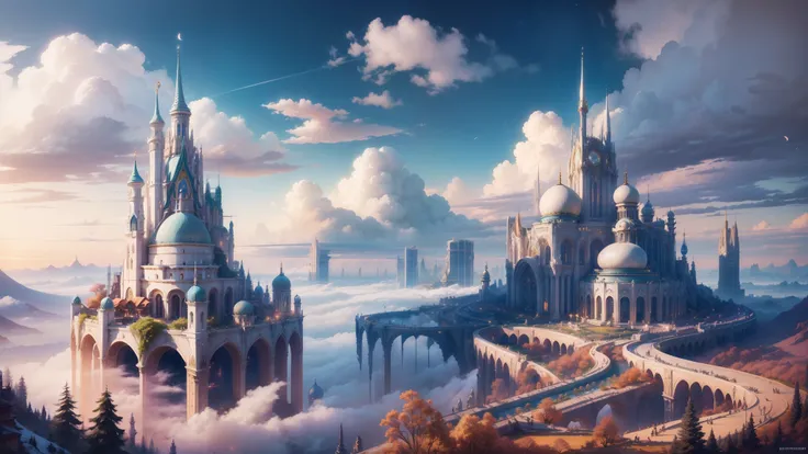 ((serene girl)) A city on clouds, with flowing hair, vivid and lively surroundings, tall and elegant buildings, airships in the sky, enchanting gardens, calm and tranquil mood, magical atmosphere, benevolent deitys reign over a sky kingdom, inhabitants liv...