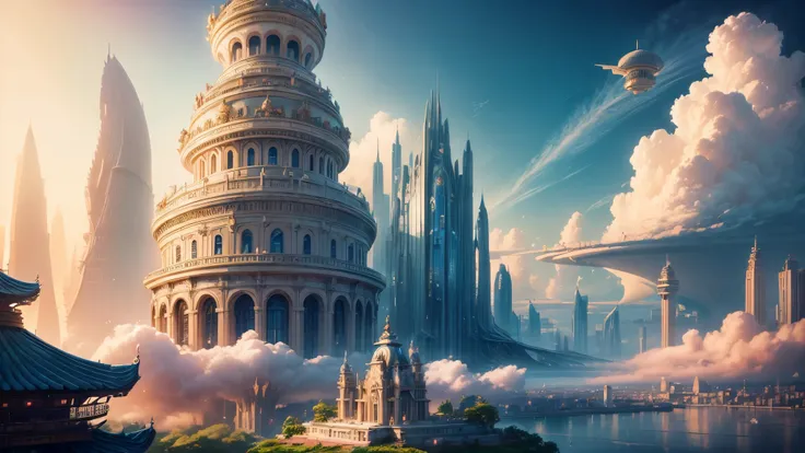 ((serene girl)) A city on clouds, with flowing hair, vivid and lively surroundings, tall and elegant buildings, airships in the sky, enchanting gardens, calm and tranquil mood, magical atmosphere, benevolent deitys reign over a sky kingdom, inhabitants liv...