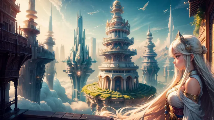 ((serene girl)) A city on clouds, with flowing hair, vivid and lively surroundings, tall and elegant buildings, airships in the sky, enchanting gardens, calm and tranquil mood, magical atmosphere, benevolent deitys reign over a sky kingdom, inhabitants liv...