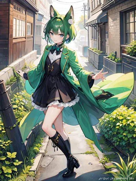 ((a boy)), darkgreen hair, orchid eyes, ((idol costume)), ((Cross-dressing)), long boots, ((Beautiful boy)), ((individual)), ((dress)), running, Running posture