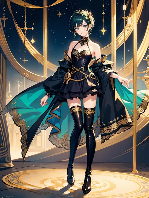 ((a boy)), darkgreen hair, peacockblue eyes, ((idol costume)), ((Cross-dressing)), long boots, ((Beautiful boy)), ((individual)), ((dress))