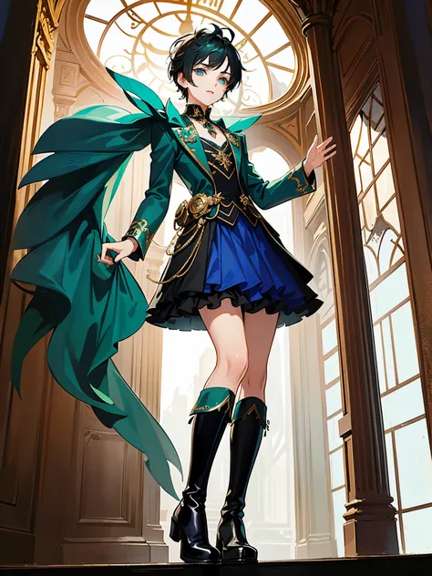 ((a boy)), darkgreen hair, peacockblue eyes, ((idol costume)), ((Cross-dressing)), long boots, ((Beautiful boy)), ((individual)), ((dress))