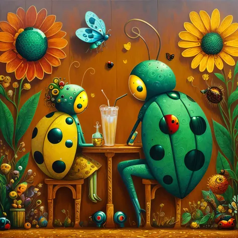 painting of Ladybugs sitting at the table with a drink and a ladybug, Arte caprichosa, Joaninhas, por Nil Gleyen, por Jung Park, Beeple e Jeremiah Ketner, Arte inspiradora, Direction: Jin Nong, por It Immun, ladybug robots, por Jeremiah Ketner, Jacek Yerka...