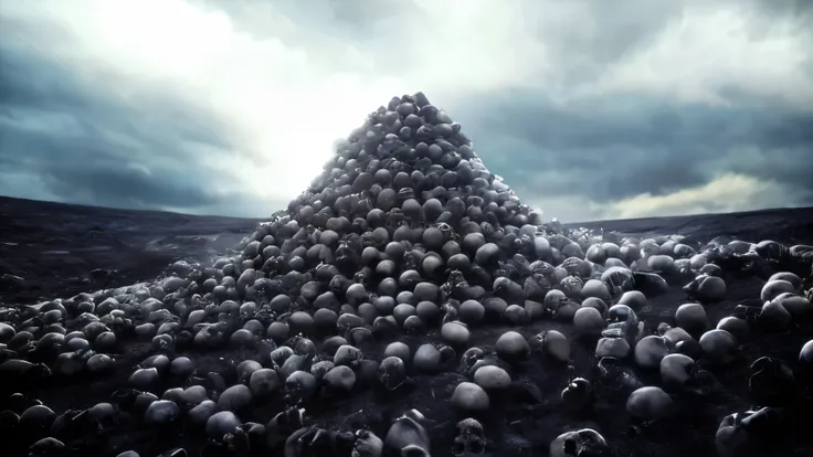 arafed image of a pyramid of skulls in a field, pile of skulls under his feet, human skulls on ground, cementary of skulls, piles of bones, piles of bodies, they sit next to a pile of bones, pile of bodies, skulls on the ground, skulls around, skulls are l...