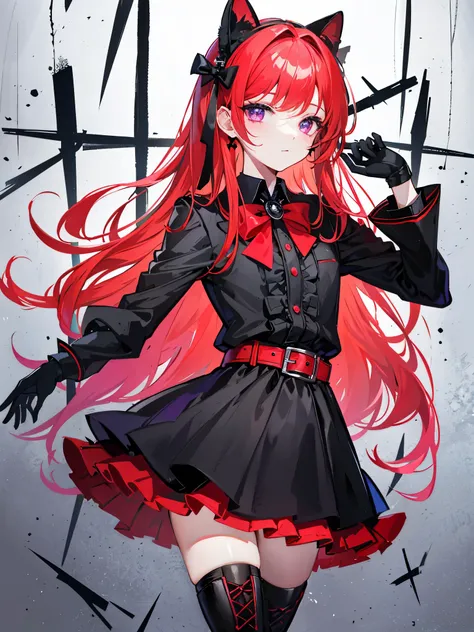 black dress, red bow tie, Knee socks, boots, crimson hair, violet eyes, ((idol costume)), black gloves, boy, ((Beautiful boy)), ((individual)), ((Cross-dressing))