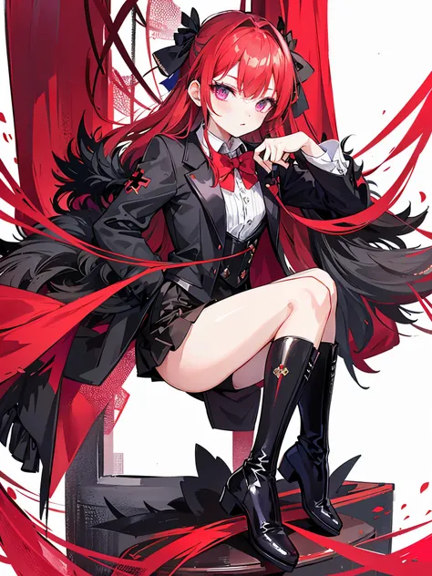 black dress, red bow tie, Knee socks, boots, crimson hair, violet eyes, ((idol costume)), black gloves, boy, ((Beautiful boy)), ((individual)), ((Cross-dressing))