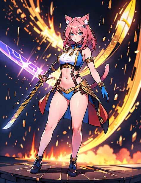 (best quality, 4k, 8k, highres, masterpiece:1.2), ultra-detailed, (((cat girl))), (((full body))), ((standing pose)), ((((sexy battle outfit)))), ((detailed clothes)), ((((carrying a big beautiful weapon)))), ((detailed weapon)), ((fully detailed)), illust...