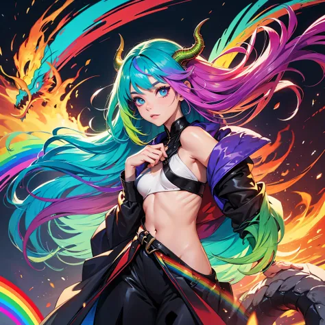 half human half dragon rainbow hair rainbow eyes