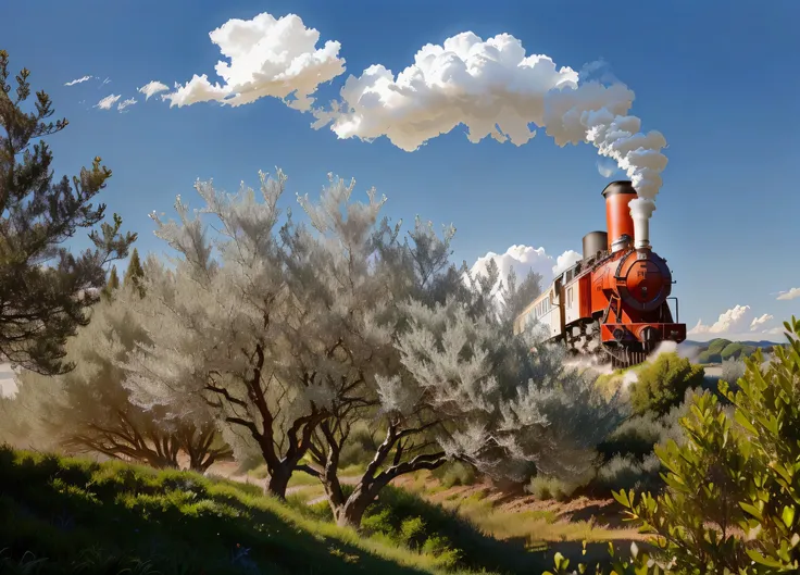 red and white locomotive with white smoke exiting the chimney, in the country, hyperrealistic photo, high detail, 8k, olive trees, countryside