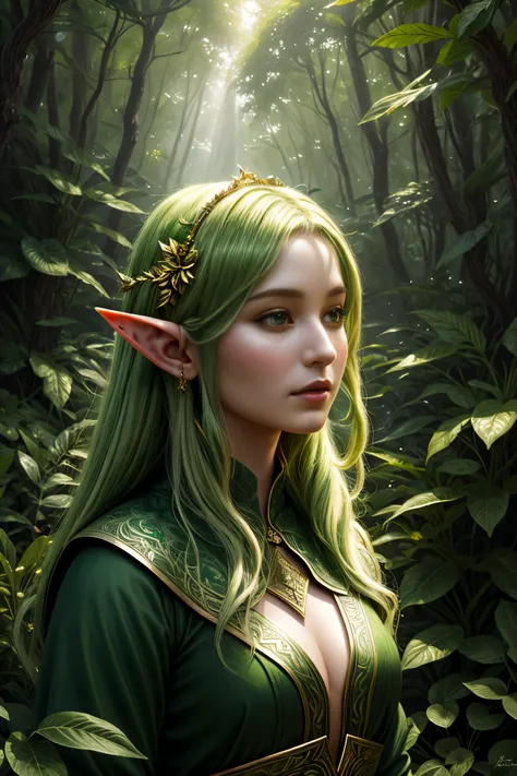 an elf in a vegetative forest in the style of kobe kasner, in the style of lush detailing, distinctive noses, detailed fantasy art, traditional oceanic art, high detailed, close-up, light gold and green